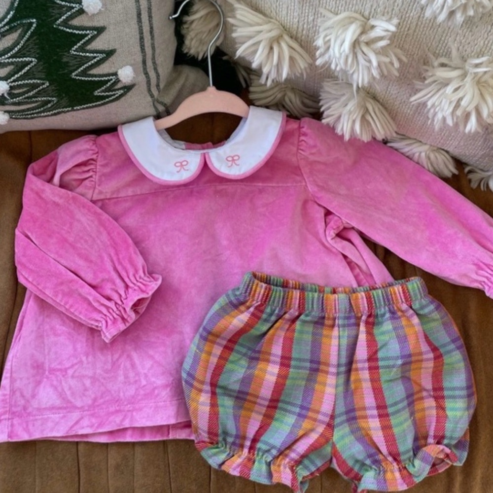 TBBC Bon air bloomer diaper set - 12/18M -  Pink Long Sleeve Top and Plaid Short